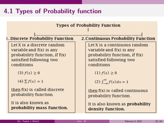 4.1 Types of Probability function
(Dr. Tushar J. Bhatt) Unit - III February 9, 2023 29 / 64
 
