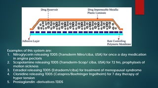 Examples of this system are:
1. Nitroglycerin releasing TDDS (Transderm Nitro/ciba, USA) for once a day medication
in angina pectoris
2. Scopolamine releasing TDDS (Transderm-Scop/ ciba, USA) for 72 hrs, prophylaxis of
motion sickness
3. Estradiol releasing TDDS (Estraderm/ciba) for treatment of menopausal syndrome
4. Clonidine releasing TDDS (Catapres/Boehringer Ingelheim) for 7 day therapy of
hyper tension
5. Prostaglandin -derivatives TDDS
 