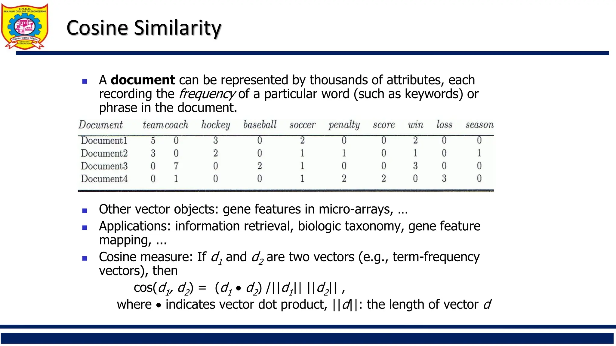Cosine Similarity
◼ A document can be represented by thousands of attributes, each
recording the frequency of a particular word (such as keywords) or
phrase in the document.
◼ Other vector objects: gene features in micro-arrays, …
◼ Applications: information retrieval, biologic taxonomy, gene feature
mapping, ...
◼ Cosine measure: If d1 and d2 are two vectors (e.g., term-frequency
vectors), then
cos(d1, d2) = (d1 • d2) /||d1|| ||d2|| ,
where • indicates vector dot product, ||d||: the length of vector d
 
