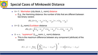 Special Cases of Minkowski Distance
◼ h = 1: Manhattan (city block, L1 norm) distance
◼ E.g., the Hamming distance: the number of bits that are different between
two binary vectors
◼ h = 2: (L2 norm) Euclidean distance
◼ h → . “supremum” (Lmax norm, L norm) distance.
◼ This is the maximum difference between any component (attribute) of the
vectors
)
|
|
...
|
|
|
(|
)
,
( 2
2
2
2
2
1
1 p
p j
x
i
x
j
x
i
x
j
x
i
x
j
i
d −
+
+
−
+
−
=
|
|
...
|
|
|
|
)
,
(
2
2
1
1 p
p j
x
i
x
j
x
i
x
j
x
i
x
j
i
d −
+
+
−
+
−
=
 