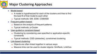 Major Clustering Approaches
◼ Model-based:
◼ A model is hypothesized for each of the clusters and tries to find
the best fit of that model to each other
◼ Typical methods: EM, SOM, COBWEB
◼ Frequent pattern-based:
◼ Based on the analysis of frequent patterns
◼ Typical methods: p-Cluster
◼ User-guided or constraint-based:
◼ Clustering by considering user-specified or application-specific
constraints
◼ Typical methods: COD (obstacles), constrained clustering
◼ Link-based clustering:
◼ Objects are often linked together in various ways
◼ Massive links can be used to cluster objects: SimRank, LinkClus
 