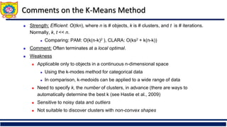 Comments on the K-Means Method
◼ Strength: Efficient: O(tkn), where n is # objects, k is # clusters, and t is # iterations.
Normally, k, t << n.
◼ Comparing: PAM: O(k(n-k)2 ), CLARA: O(ks2 + k(n-k))
◼ Comment: Often terminates at a local optimal.
◼ Weakness
◼ Applicable only to objects in a continuous n-dimensional space
◼ Using the k-modes method for categorical data
◼ In comparison, k-medoids can be applied to a wide range of data
◼ Need to specify k, the number of clusters, in advance (there are ways to
automatically determine the best k (see Hastie et al., 2009)
◼ Sensitive to noisy data and outliers
◼ Not suitable to discover clusters with non-convex shapes
 