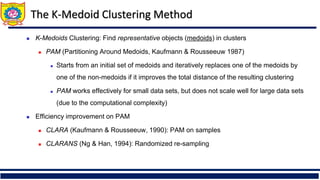 The K-Medoid Clustering Method
◼ K-Medoids Clustering: Find representative objects (medoids) in clusters
◼ PAM (Partitioning Around Medoids, Kaufmann & Rousseeuw 1987)
◼ Starts from an initial set of medoids and iteratively replaces one of the medoids by
one of the non-medoids if it improves the total distance of the resulting clustering
◼ PAM works effectively for small data sets, but does not scale well for large data sets
(due to the computational complexity)
◼ Efficiency improvement on PAM
◼ CLARA (Kaufmann & Rousseeuw, 1990): PAM on samples
◼ CLARANS (Ng & Han, 1994): Randomized re-sampling
 