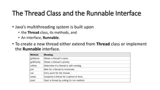 The Thread Class and the Runnable Interface
• Java’s multithreading system is built upon
• the Thread class, its methods, and
• An interface, Runnable.
• To create a new thread either extend from Thread class or implement
the Runnable interface.
 