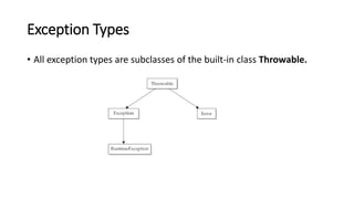 Exception Types
• All exception types are subclasses of the built-in class Throwable.
 