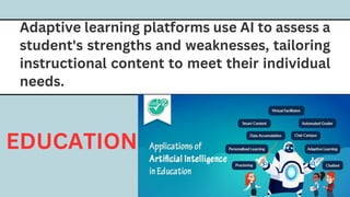 Adaptive learning platforms use AI to assess a
student's strengths and weaknesses, tailoring
instructional content to meet their individual
needs.
EDUCATION
 