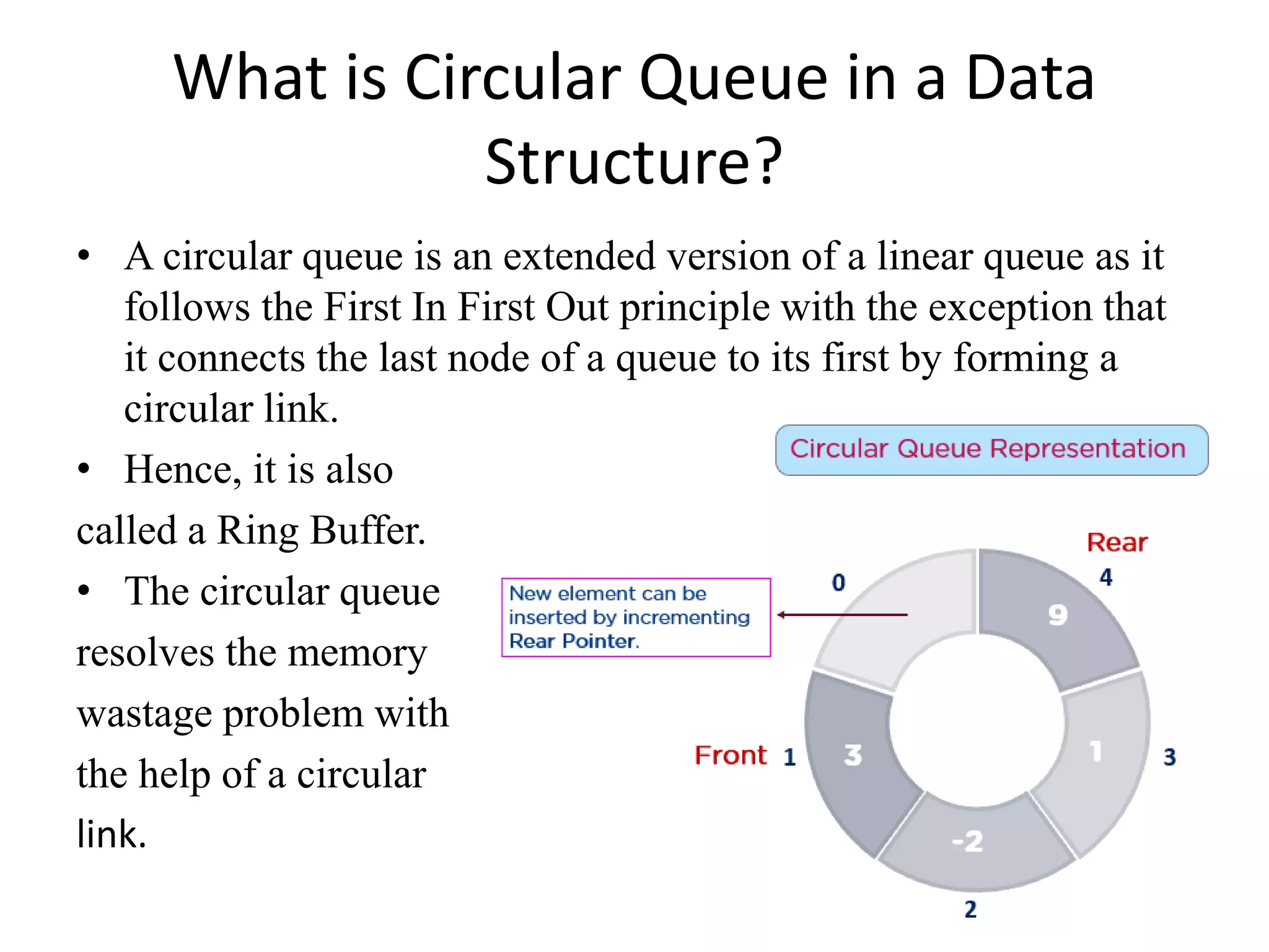 What is Circular Queue in a Data
Structure?
• A circular queue is an extended version of a linear queue as it
follows the First In First Out principle with the exception that
it connects the last node of a queue to its first by forming a
circular link.
• Hence, it is also
called a Ring Buffer.
• The circular queue
resolves the memory
wastage problem with
the help of a circular
link.
 