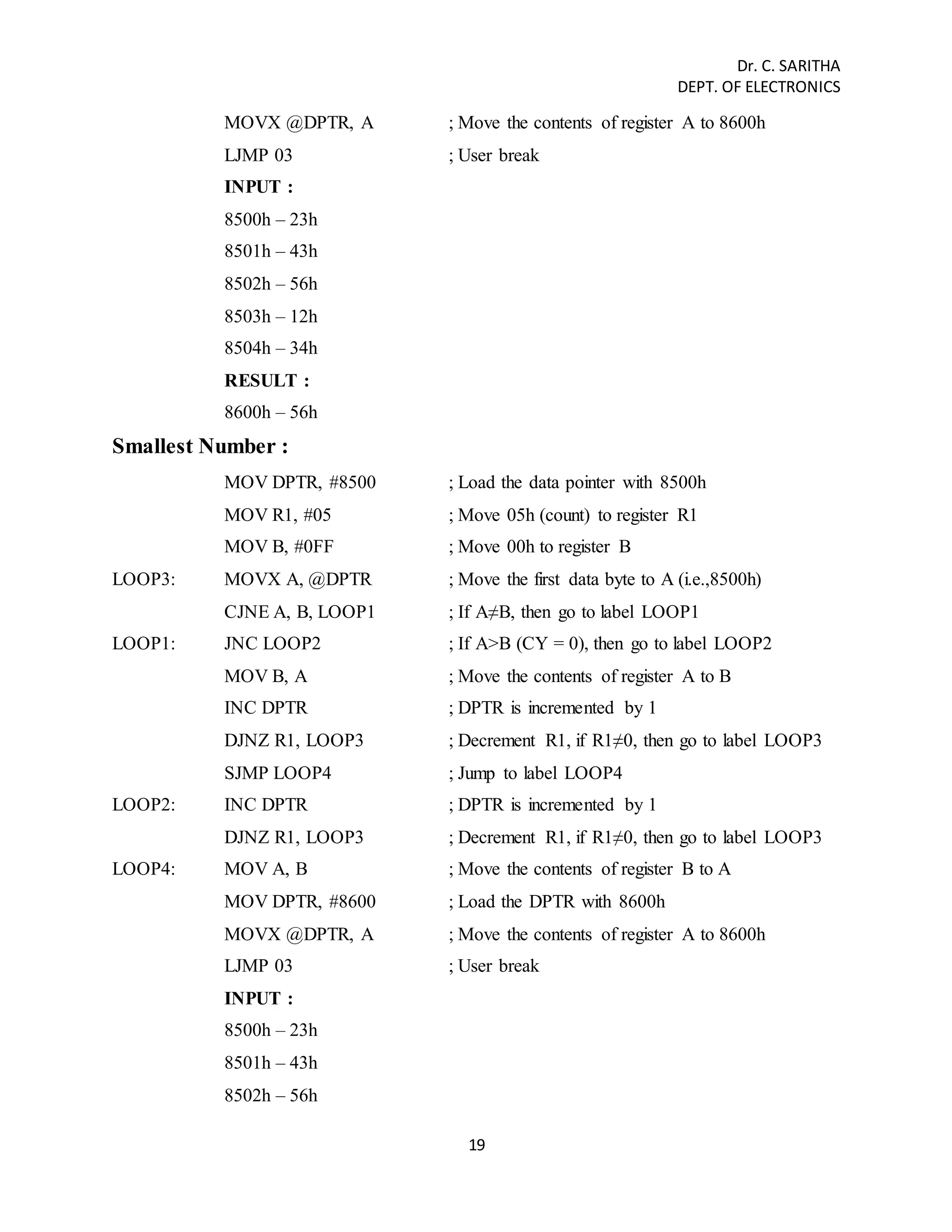 Dr. C. SARITHA 
DEPT. OF ELECTRONICS 
MOVX @DPTR, A ; Move the contents of register A to 8600h 
LJMP 03 ; User break 
INPUT : 
8500h – 23h 
8501h – 43h 
8502h – 56h 
8503h – 12h 
8504h – 34h 
RESULT : 
8600h – 56h 
19 
Smallest Number : 
MOV DPTR, #8500 ; Load the data pointer with 8500h 
MOV R1, #05 ; Move 05h (count) to register R1 
MOV B, #0FF ; Move 00h to register B 
LOOP3: MOVX A, @DPTR ; Move the first data byte to A (i.e.,8500h) 
CJNE A, B, LOOP1 ; If A≠B, then go to label LOOP1 
LOOP1: JNC LOOP2 ; If A>B (CY = 0), then go to label LOOP2 
MOV B, A ; Move the contents of register A to B 
INC DPTR ; DPTR is incremented by 1 
DJNZ R1, LOOP3 ; Decrement R1, if R1≠0, then go to label LOOP3 
SJMP LOOP4 ; Jump to label LOOP4 
LOOP2: INC DPTR ; DPTR is incremented by 1 
DJNZ R1, LOOP3 ; Decrement R1, if R1≠0, then go to label LOOP3 
LOOP4: MOV A, B ; Move the contents of register B to A 
MOV DPTR, #8600 ; Load the DPTR with 8600h 
MOVX @DPTR, A ; Move the contents of register A to 8600h 
LJMP 03 ; User break 
INPUT : 
8500h – 23h 
8501h – 43h 
8502h – 56h 
 