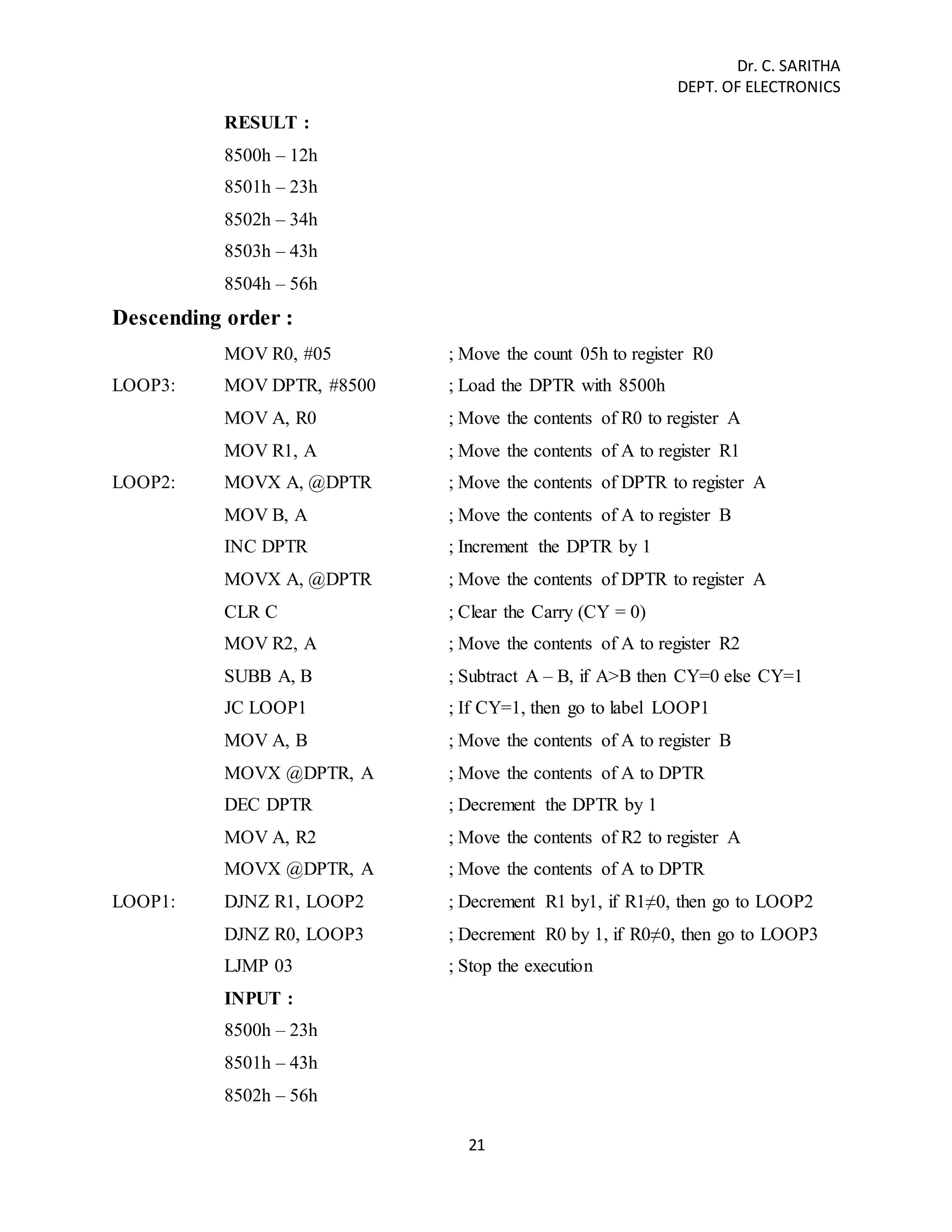 Dr. C. SARITHA 
DEPT. OF ELECTRONICS 
21 
RESULT : 
8500h – 12h 
8501h – 23h 
8502h – 34h 
8503h – 43h 
8504h – 56h 
Descending order : 
MOV R0, #05 ; Move the count 05h to register R0 
LOOP3: MOV DPTR, #8500 ; Load the DPTR with 8500h 
MOV A, R0 ; Move the contents of R0 to register A 
MOV R1, A ; Move the contents of A to register R1 
LOOP2: MOVX A, @DPTR ; Move the contents of DPTR to register A 
MOV B, A ; Move the contents of A to register B 
INC DPTR ; Increment the DPTR by 1 
MOVX A, @DPTR ; Move the contents of DPTR to register A 
CLR C ; Clear the Carry (CY = 0) 
MOV R2, A ; Move the contents of A to register R2 
SUBB A, B ; Subtract A – B, if A>B then CY=0 else CY=1 
JC LOOP1 ; If CY=1, then go to label LOOP1 
MOV A, B ; Move the contents of A to register B 
MOVX @DPTR, A ; Move the contents of A to DPTR 
DEC DPTR ; Decrement the DPTR by 1 
MOV A, R2 ; Move the contents of R2 to register A 
MOVX @DPTR, A ; Move the contents of A to DPTR 
LOOP1: DJNZ R1, LOOP2 ; Decrement R1 by1, if R1≠0, then go to LOOP2 
DJNZ R0, LOOP3 ; Decrement R0 by 1, if R0≠0, then go to LOOP3 
LJMP 03 ; Stop the execution 
INPUT : 
8500h – 23h 
8501h – 43h 
8502h – 56h 
 