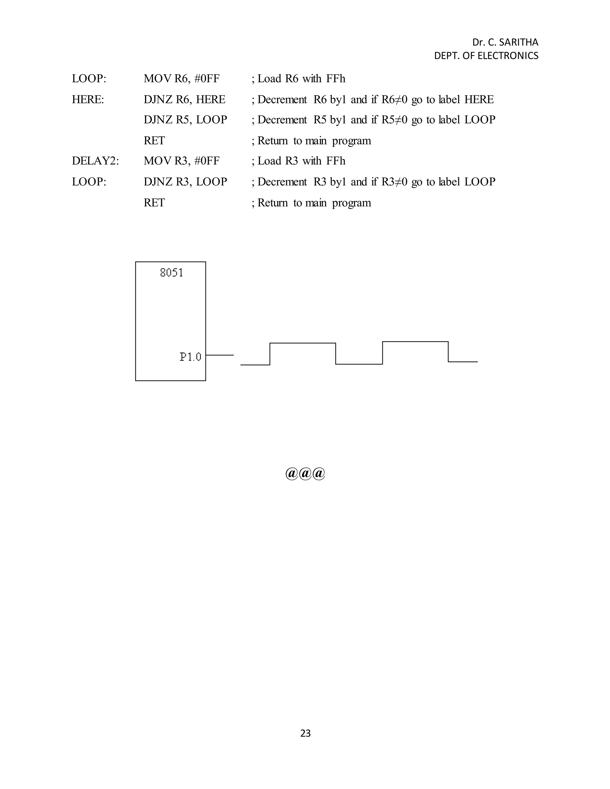 Dr. C. SARITHA 
DEPT. OF ELECTRONICS 
LOOP: MOV R6, #0FF ; Load R6 with FFh 
HERE: DJNZ R6, HERE ; Decrement R6 by1 and if R6≠0 go to label HERE 
DJNZ R5, LOOP ; Decrement R5 by1 and if R5≠0 go to label LOOP 
RET ; Return to main program 
DELAY2: MOV R3, #0FF ; Load R3 with FFh 
LOOP: DJNZ R3, LOOP ; Decrement R3 by1 and if R3≠0 go to label LOOP 
RET ; Return to main program 
@@@ 
23 
