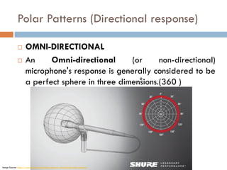 Polar Patterns (Directional response)
 OMNI-DIRECTIONAL
 An Omni-directional (or non-directional)
microphone's response is generally considered to be
a perfect sphere in three dimensions.(360 )
Image Source: https://www.shure.eu/musicians/discover/educational/polar-patterns
 