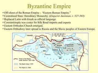 Byzantine Empire Off-shoot of the Roman Empire -  “Eastern Roman Empire.” Centralized State: Hereditary Monarchy. ( Emperor Justinian, r. 527-565)   Replaced Latin with Greek as official language.  Constantinople was center for Silk Road imports and exports Eastern Orthodox Church emerged.  Eastern Orthodoxy later spread to Russia and the Slavic peoples of Eastern Europe. 
