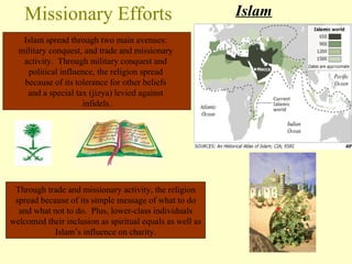 Missionary Efforts Islam Islam spread through two main avenues:  military conquest, and trade and missionary  activity.  Through military conquest and  political influence, the religion spread  because of its tolerance for other beliefs  and a special tax (jizya) levied against  infidels. Through trade and missionary activity, the religion spread because of its simple message of what to do and what not to do.  Plus, lower-class individuals welcomed their inclusion as spiritual equals as well as Islam’s influence on charity. 