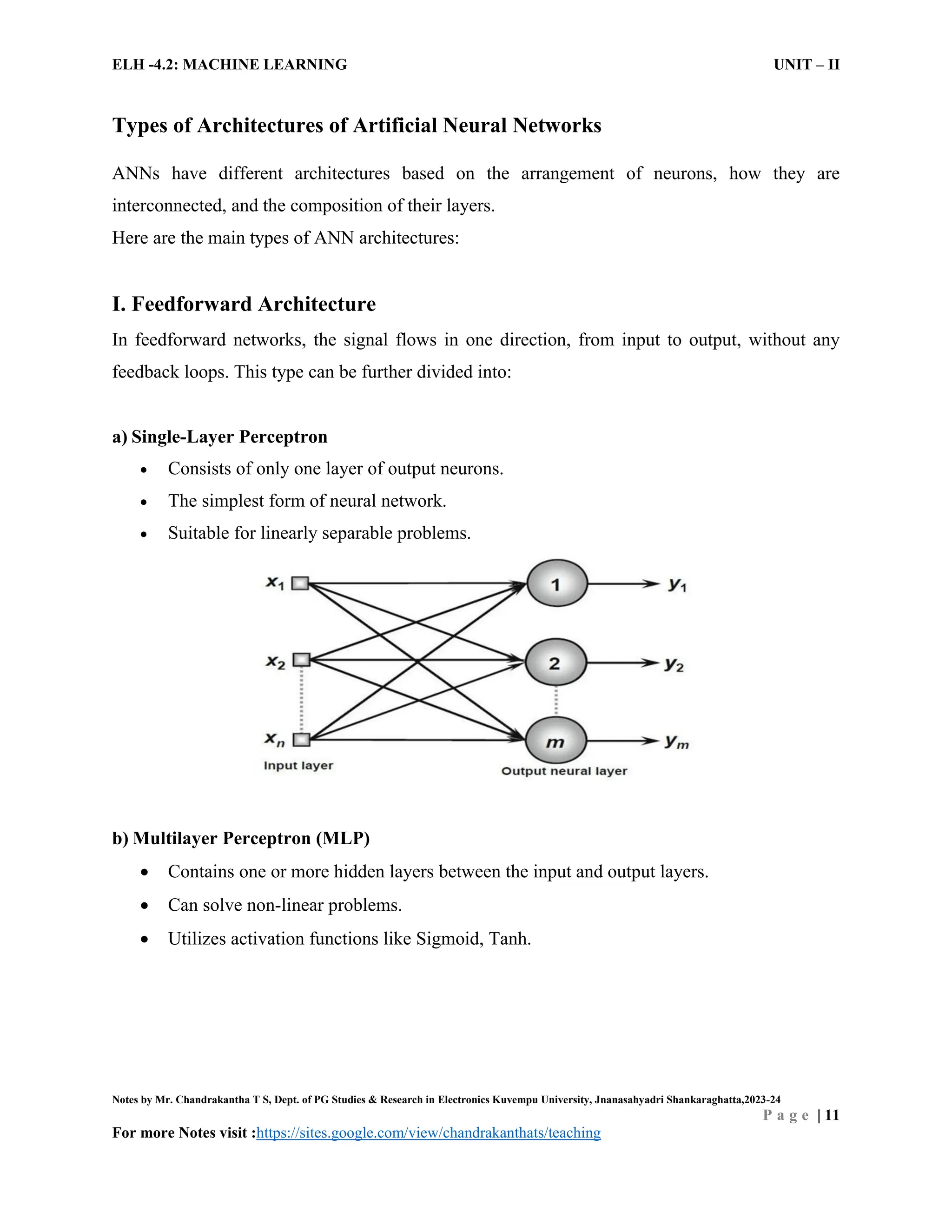 ELH -4.2: MACHINE LEARNING UNIT – II
Notes by Mr. Chandrakantha T S, Dept. of PG Studies & Research in Electronics Kuvempu University, Jnanasahyadri Shankaraghatta,2023-24
P a g e | 11
For more Notes visit :https://sites.google.com/view/chandrakanthats/teaching
Types of Architectures of Artificial Neural Networks
ANNs have different architectures based on the arrangement of neurons, how they are
interconnected, and the composition of their layers.
Here are the main types of ANN architectures:
I. Feedforward Architecture
In feedforward networks, the signal flows in one direction, from input to output, without any
feedback loops. This type can be further divided into:
a) Single-Layer Perceptron
 Consists of only one layer of output neurons.
 The simplest form of neural network.
 Suitable for linearly separable problems.
b) Multilayer Perceptron (MLP)
 Contains one or more hidden layers between the input and output layers.
 Can solve non-linear problems.
 Utilizes activation functions like Sigmoid, Tanh.
 