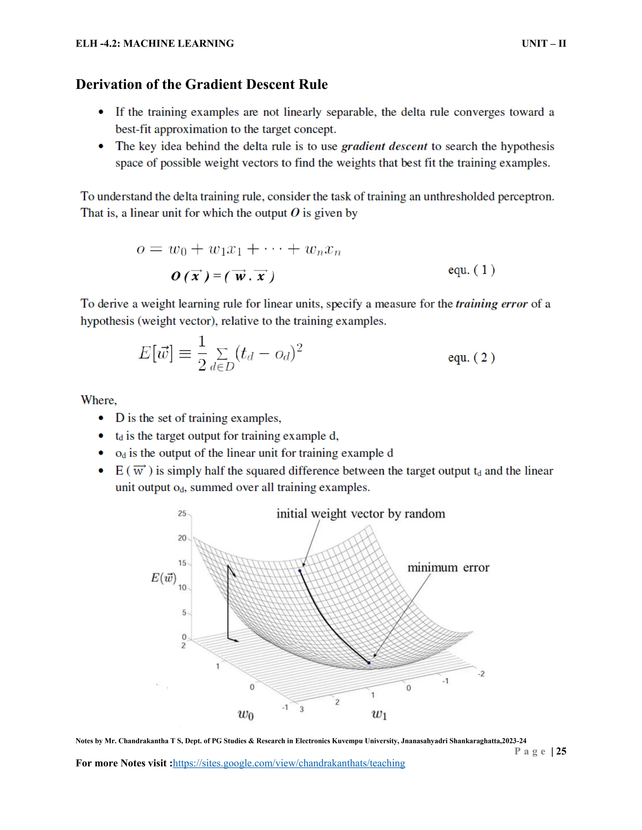 ELH -4.2: MACHINE LEARNING UNIT – II
Notes by Mr. Chandrakantha T S, Dept. of PG Studies & Research in Electronics Kuvempu University, Jnanasahyadri Shankaraghatta,2023-24
P a g e | 25
For more Notes visit :https://sites.google.com/view/chandrakanthats/teaching
Derivation of the Gradient Descent Rule
 