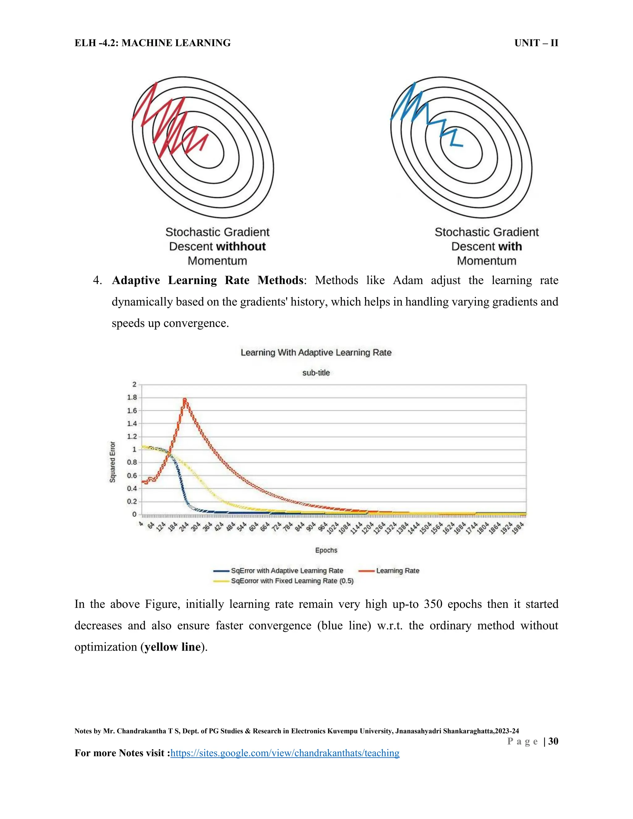 ELH -4.2: MACHINE LEARNING UNIT – II
Notes by Mr. Chandrakantha T S, Dept. of PG Studies & Research in Electronics Kuvempu University, Jnanasahyadri Shankaraghatta,2023-24
P a g e | 30
For more Notes visit :https://sites.google.com/view/chandrakanthats/teaching
4. Adaptive Learning Rate Methods: Methods like Adam adjust the learning rate
dynamically based on the gradients' history, which helps in handling varying gradients and
speeds up convergence.
In the above Figure, initially learning rate remain very high up-to 350 epochs then it started
decreases and also ensure faster convergence (blue line) w.r.t. the ordinary method without
optimization (yellow line).
 