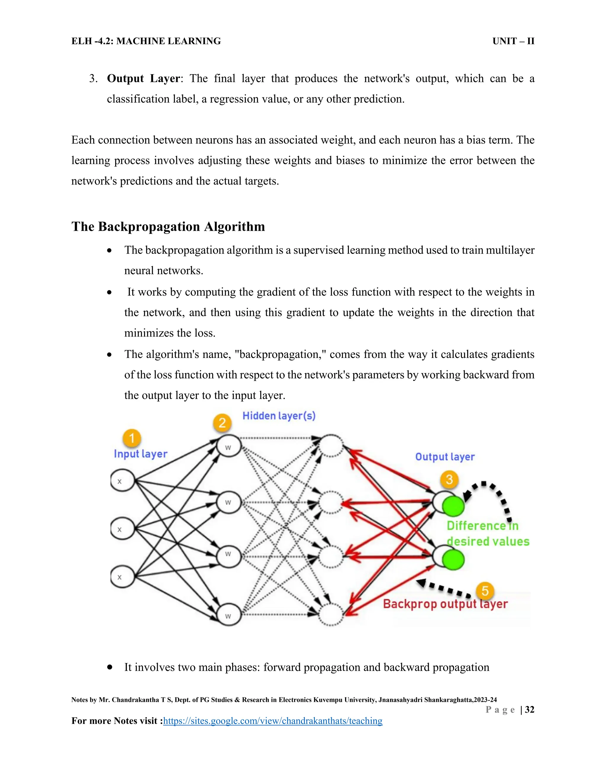 ELH -4.2: MACHINE LEARNING UNIT – II
Notes by Mr. Chandrakantha T S, Dept. of PG Studies & Research in Electronics Kuvempu University, Jnanasahyadri Shankaraghatta,2023-24
P a g e | 32
For more Notes visit :https://sites.google.com/view/chandrakanthats/teaching
3. Output Layer: The final layer that produces the network's output, which can be a
classification label, a regression value, or any other prediction.
Each connection between neurons has an associated weight, and each neuron has a bias term. The
learning process involves adjusting these weights and biases to minimize the error between the
network's predictions and the actual targets.
The Backpropagation Algorithm
 The backpropagation algorithm is a supervised learning method used to train multilayer
neural networks.
 It works by computing the gradient of the loss function with respect to the weights in
the network, and then using this gradient to update the weights in the direction that
minimizes the loss.
 The algorithm's name, "backpropagation," comes from the way it calculates gradients
of the loss function with respect to the network's parameters by working backward from
the output layer to the input layer.
 It involves two main phases: forward propagation and backward propagation
 