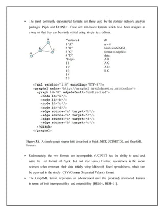  The most commonly encountered formats are those used by the popular network analysis
packages Pajek and UCINET. These are text-based formats which have been designed in
a way so that they can be easily edited using simple text editors.
 Unfortunately, the two formats are incompatible. (UCINET has the ability to read and
write the .net format of Pajek, but not vice versa.) Further, researchers in the social
sciences often represent their data initially using Microsoft Excel spreadsheets, which can
be exported in the simple CSV (Comma Separated Values) format.
 The GraphML format represents an advancement over the previously mentioned formats
in terms of both interoperability and extensibility [BEL04, BEH+01].
 