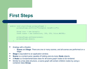 First Steps
 Analogy with a theatre:
– Scene and Stage: There are one or many scenes, and all scenes are performed on a
stage.
 Stage is equivalent to an application window.
 Scene is a content pane capable of holding zero-to-many Node objects.
 A Node is a fundamental base class for all scene graph nodes to be rendered.
 Similar to a tree data structure, a scene graph will contain children nodes by using a
container class Group.
public void start(Stage primaryStage) {
primaryStage.setTitle("Conceptos JavaFX 2.0");
Group root = new Group();
Scene scene = new Scene(root, 300, 250, Color.WHITE);
primaryStage.setScene(scene);
primaryStage.show();
}
 