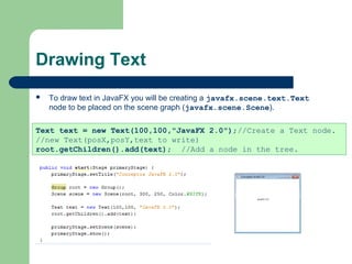 Drawing Text
 To draw text in JavaFX you will be creating a javafx.scene.text.Text
node to be placed on the scene graph (javafx.scene.Scene).
Text text = new Text(100,100,"JavaFX 2.0");//Create a Text node.
//new Text(posX,posY,text to write)
root.getChildren().add(text); //Add a node in the tree.
 