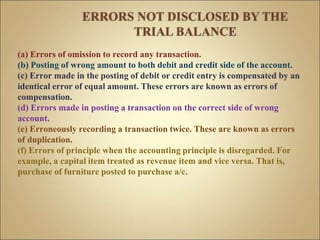 (a) Errors of omission to record any transaction.
(b) Posting of wrong amount to both debit and credit side of the account.
(c) Error made in the posting of debit or credit entry is compensated by an
identical error of equal amount. These errors are known as errors of
compensation.
(d) Errors made in posting a transaction on the correct side of wrong
account.
(e) Erroneously recording a transaction twice. These are known as errors
of duplication.
(f) Errors of principle when the accounting principle is disregarded. For
example, a capital item treated as revenue item and vice versa. That is,
purchase of furniture posted to purchase a/c.
 
