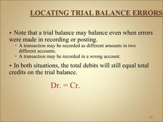  Note that a trial balance may balance even when errors
were made in recording or posting.
 A transaction may be recorded as different amounts in two
different accounts.
 A transaction may be recorded in a wrong account.
 In both situations, the total debits will still equal total
credits on the trial balance.
Dr. = Cr.
107
 