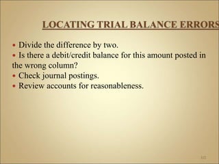  Divide the difference by two.
 Is there a debit/credit balance for this amount posted in
the wrong column?
 Check journal postings.
 Review accounts for reasonableness.
112
 