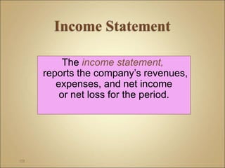 123
The income statement,
reports the company’s revenues,
expenses, and net income
or net loss for the period.
 