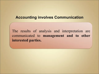 Accounting involves Communication
The results of analysis and interpretation are
communicated to management and to other
interested parties.
 