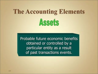149
Probable future economic benefits
obtained or controlled by a
particular entity as a result
of past transactions events.
 