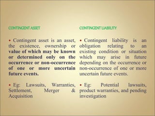 CONTINGENTASSET
 Contingent asset is an asset,
the existence, ownership or
value of which may be known
or determined only on the
occurrence or non-occurrence
of one or more uncertain
future events.
 Eg: Lawsuits, Warranties,
Settlement, Merger &
Acquisition
CONTINGENTLIABILITY
 Contingent liability is an
obligation relating to an
existing condition or situation
which may arise in future
depending on the occurrence or
non-occurrence of one or more
uncertain future events.
 Eg: Potential lawsuits,
product warranties, and pending
investigation
 
