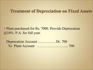  Plant purchased for Rs. 7000. Provide Deprecation
@10% P.A. for full year.
Deprecation Account ……………Dr. 700
To Plant Account …………………….. 700
 