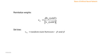 Reinitialize weights:
Set bias:
)
(
v
)
(
old
old
v
v
j
ij
ij



 and
between
num
random
0 

j
v
Basis of Artificial Neural Network
8/30/2020
 