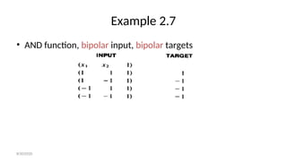 Example 2.7
• AND function, bipolar input, bipolar targets
8/30/2020
 