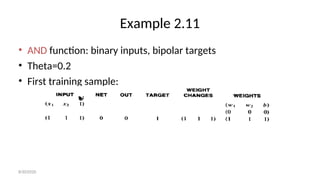 Example 2.11
• AND function: binary inputs, bipolar targets
• Theta=0.2
• First training sample:
8/30/2020
 