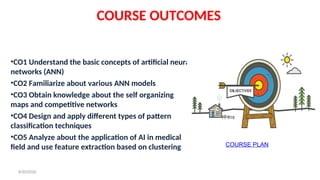COURSE OUTCOMES
•CO1 Understand the basic concepts of artificial neural
networks (ANN)
•CO2 Familiarize about various ANN models
•CO3 Obtain knowledge about the self organizing
maps and competitive networks
•CO4 Design and apply different types of pattern
classification techniques
•CO5 Analyze about the application of AI in medical
field and use feature extraction based on clustering COURSE PLAN
8/30/2020
 