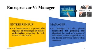 Entrepreneur Vs Manager
ENTREPRENEUR
• An Entrepreneur is a person who
organize and manages a business
undertaking, assuming the risk
for the sake of profit
MANAGER
• A manager is the person
responsible for planning and
directing the work of a group of
individuals, monitoring their work,
and taking corrective action when
necessary.
8/4/2022 30
 