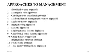 APPROACHES TO MANAGEMENT
1. Empirical or case approach
2. Managerial roles approach
3. Contingency or situational approach
4. Mathematical or management science approach
5. Decision theory approach
6. Reengineering approach
7. Systems approach
8. Socio technical systems approach
9. Cooperative social systems approach
10. Group behavior approach
11. Interpersonal behavior approach
12. Frame work approach
13. Total quality management approach
8/4/2022 44
 