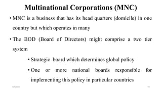 Multinational Corporations (MNC)
• MNC is a business that has its head quarters (domicile) in one
country but which operates in many
• The BOD (Board of Directors) might comprise a two tier
system
• Strategic board which determines global policy
• One or more national boards responsible for
implementing this policy in particular countries
8/4/2022 93
 