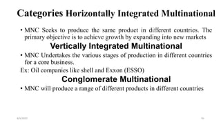 Categories Horizontally Integrated Multinational
• MNC Seeks to produce the same product in different countries. The
primary objective is to achieve growth by expanding into new markets
Vertically Integrated Multinational
• MNC Undertakes the various stages of production in different countries
for a core business.
Ex: Oil companies like shell and Exxon (ESSO)
Conglomerate Multinational
• MNC will produce a range of different products in different countries
8/4/2022 95
 
