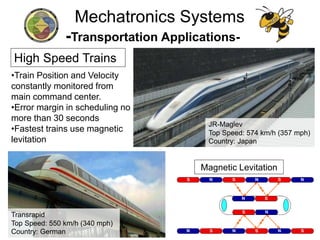 •Train Position and Velocity
constantly monitored from
main command center.
•Error margin in scheduling no
more than 30 seconds
•Fastest trains use magnetic
levitation
High Speed Trains
Mechatronics Systems
-Transportation Applications-
JR-Maglev
Top Speed: 574 km/h (357 mph)
Country: Japan
Transrapid
Top Speed: 550 km/h (340 mph)
Country: German
Magnetic Levitation
 