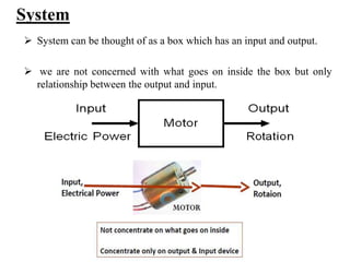 System
 System can be thought of as a box which has an input and output.
 we are not concerned with what goes on inside the box but only
relationship between the output and input.
 