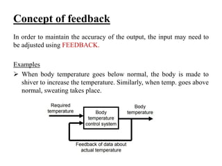 Concept of feedback
In order to maintain the accuracy of the output, the input may need to
be adjusted using FEEDBACK.
Examples
 When body temperature goes below normal, the body is made to
shiver to increase the temperature. Similarly, when temp. goes above
normal, sweating takes place.
 