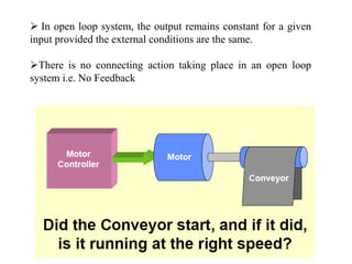  In open loop system, the output remains constant for a given
input provided the external conditions are the same.
There is no connecting action taking place in an open loop
system i.e. No Feedback
 