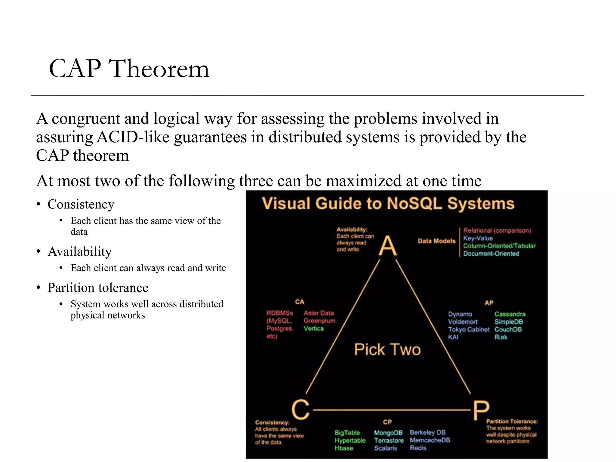 CAP Theorem
A congruent and logical way for assessing the problems involved in
assuring ACID-like guarantees in distributed systems is provided by the
CAP theorem
At most two of the following three can be maximized at one time
• Consistency
• Each client has the same view of the
data
• Availability
• Each client can always read and write
• Partition tolerance
• System works well across distributed
physical networks
 