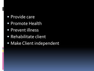  Provide care
 Promote Health
 Prevent illness
 Rehabilitate client
 Make Client independent
 