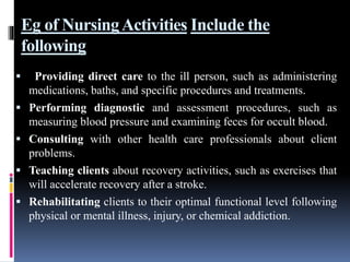 Eg of NursingActivities Include the
following
 Providing direct care to the ill person, such as administering
medications, baths, and specific procedures and treatments.
 Performing diagnostic and assessment procedures, such as
measuring blood pressure and examining feces for occult blood.
 Consulting with other health care professionals about client
problems.
 Teaching clients about recovery activities, such as exercises that
will accelerate recovery after a stroke.
 Rehabilitating clients to their optimal functional level following
physical or mental illness, injury, or chemical addiction.
 