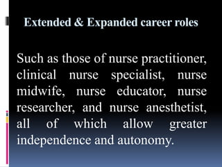 Extended & Expanded career roles
Such as those of nurse practitioner,
clinical nurse specialist, nurse
midwife, nurse educator, nurse
researcher, and nurse anesthetist,
all of which allow greater
independence and autonomy.
 
