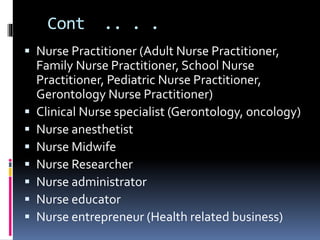 Cont .. . .
 Nurse Practitioner (Adult Nurse Practitioner,
Family Nurse Practitioner, School Nurse
Practitioner, Pediatric Nurse Practitioner,
Gerontology Nurse Practitioner)
 Clinical Nurse specialist (Gerontology, oncology)
 Nurse anesthetist
 Nurse Midwife
 Nurse Researcher
 Nurse administrator
 Nurse educator
 Nurse entrepreneur (Health related business)
 