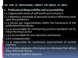 INC CODE OF PROFESSIONAL CONDUCT FOR NURSES IN INDIA
1. Professional Responsibility and accountability
• 1.1 Appreciates sense of self-worth and nurtures it.
• 1.2 Maintains standards of personal conduct reflecting credit
upon the profession.
• 1.3 Carries out responsibilities within the framework of the
professional boundaries.
• 1.4 Is accountable for maintaining practice standards set by
Indian Nursing Council
• 1.5 Is accountable for own decisions and actions
• 1.6 Is compassionate
• 1.7 Is responsible for continuous improvement of current
practices
• 1.8 Provides adequate information to individuals that allows
them informed choices
• 1.9 Practices healthful behavior
 
